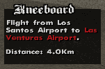 a box with title 'Kneeboard', showing the text 'Flight from Los Santos Airport to Las Venturas Airport. Distance: 4.0Km The 'Las Venturas Airport' part is highlighted in red